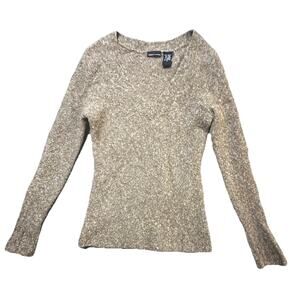 Moda International Women’s Medium V-Neck Wool Blend Sweater Taupe Beige Knit